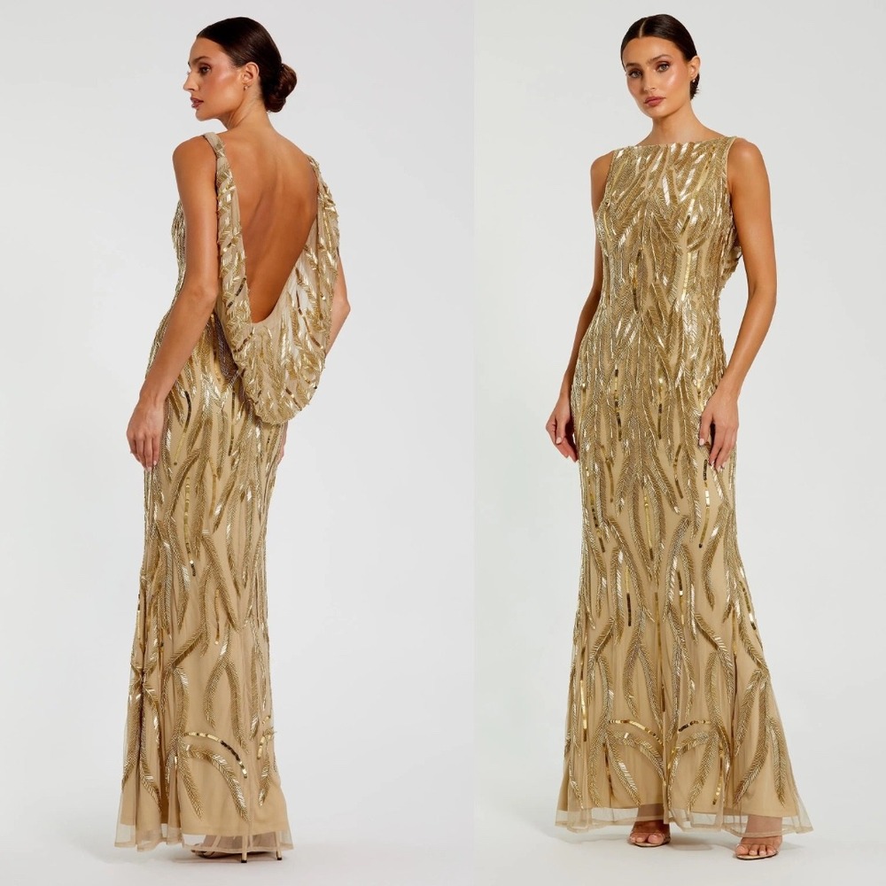 NWT Mac Duggal Gold High Neck Sleeveless Embellished Gown $798 - Size 8